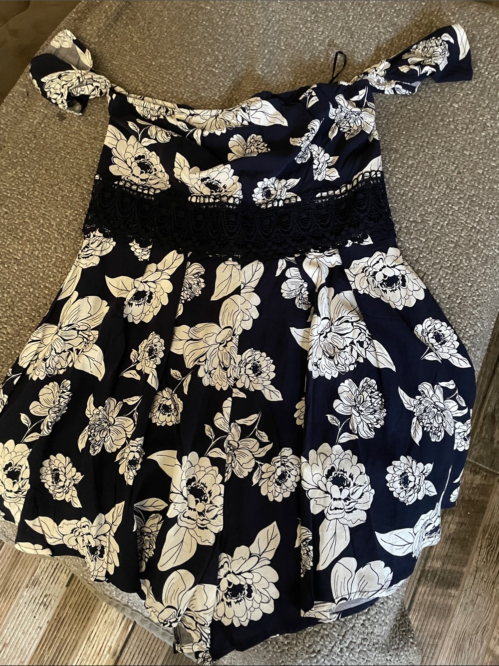 Navy Blue Floral Off-Shoulder Romper with Lace Waist